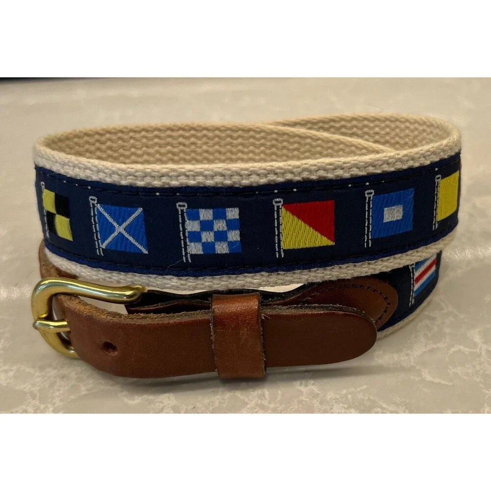 Leather Man Ltd Nautical Flags Belt Navy Canvas & Leather Essex CT Youth Size 24
